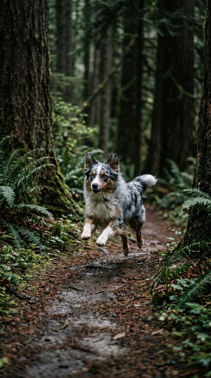 Hund som springer på skogsstig